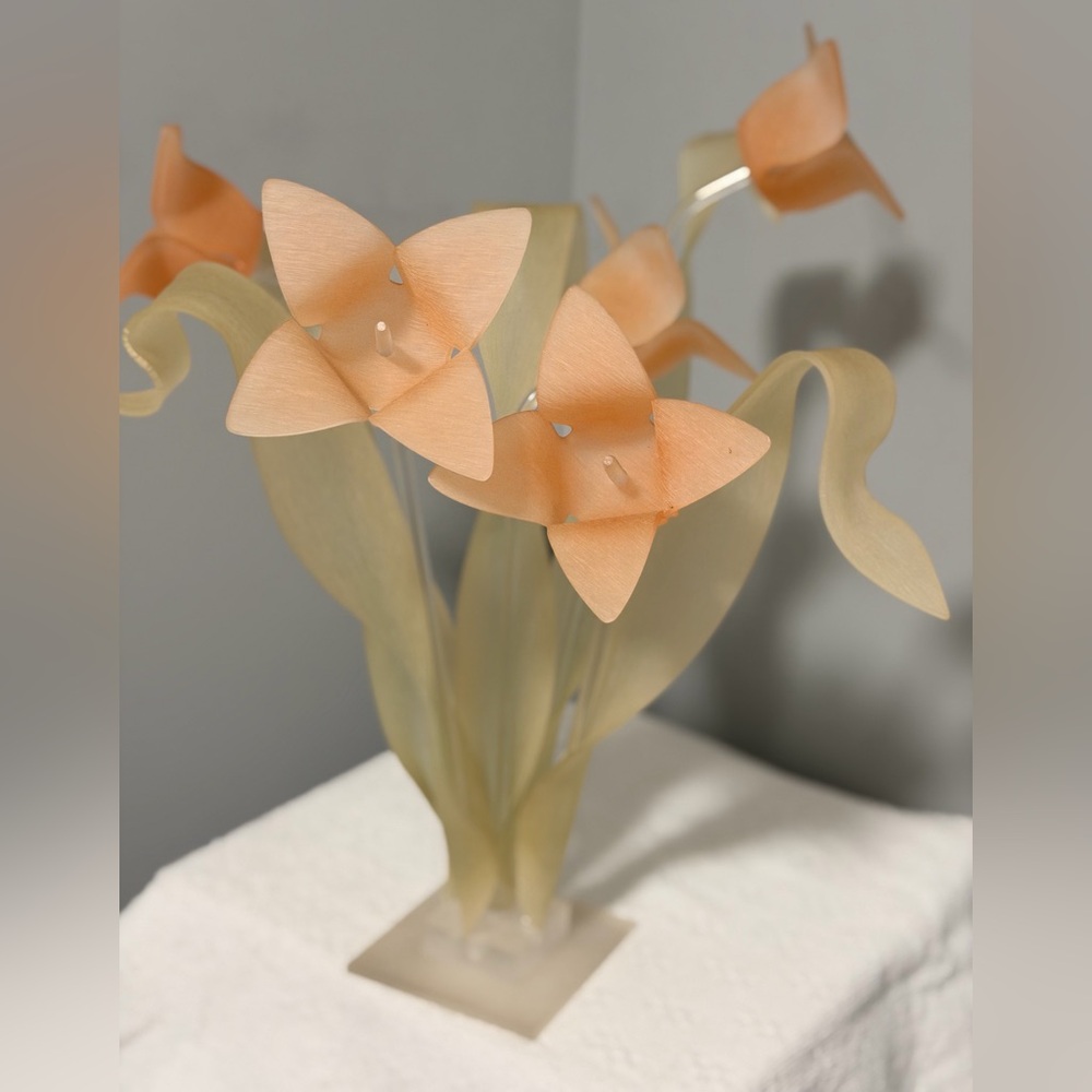 Vintage Lucite Acrylic Flower Sculpture Frosted Peach and Green 5 Stems